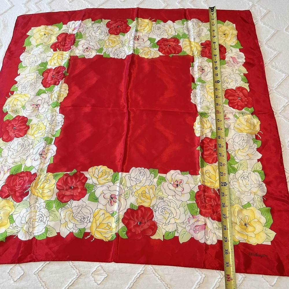 Vtg Worthington Tomato Red Floral Silk Scarf Square Classic Elegant Feminine NOS - Picture 6 of 7
